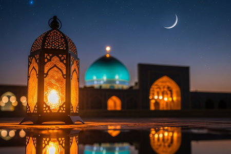 Glowing Eid lantern placed on reflective water with a turquoise dome and night sky creating a serene festive atmosphere.の素材