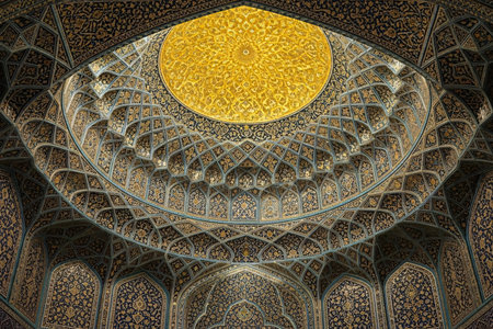 Detailed Persian muqarnas ceiling illuminated with warm festive lights adding depth and elegance to an Eid architectural scene.の素材