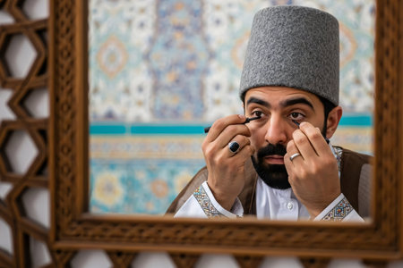 Man in traditional attire applying kohl before Eid prayer reflected through a patterned Persian mirror with a softly blurred backdrop.の素材