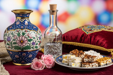 Decorative vase sweets and velvet cushion arranged in a Persian miniature inspired still life with soft colored background highlights.の素材