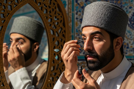 Man in traditional attire applying kohl before Eid prayer reflected through a patterned Persian mirror with a softly blurred backdrop.の素材