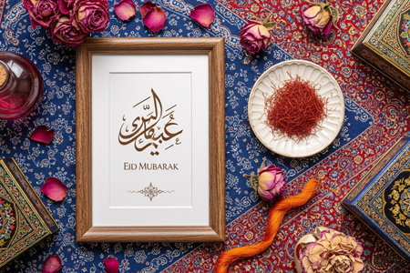 Framed Eid calligraphy surrounded by rose petals saffron and patterned fabric arranged in a neat flat lay for festive decoration.の素材