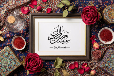 Framed Eid calligraphy surrounded by rose petals saffron and patterned fabric arranged in a neat flat lay for festive decoration.の素材