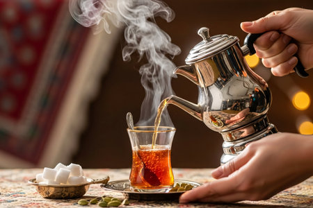 Tea poured from a silver samovar into a traditional glass with sugar cubes and spices creating an inviting Eid hospitality moment.の素材