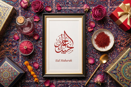Framed Eid calligraphy surrounded by rose petals saffron and patterned fabric arranged in a neat flat lay for festive decoration.の素材
