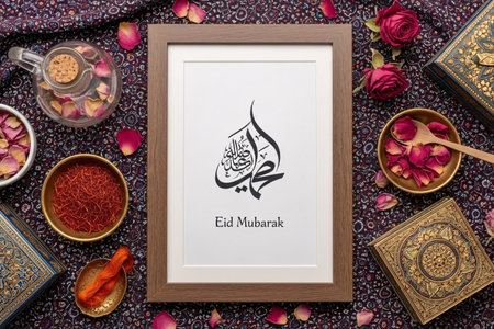 Framed Eid calligraphy surrounded by rose petals saffron and patterned fabric arranged in a neat flat lay for festive decoration.の素材