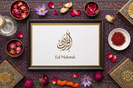 Framed Eid calligraphy surrounded by rose petals saffron and patterned fabric arranged in a neat flat lay for festive decoration.の素材