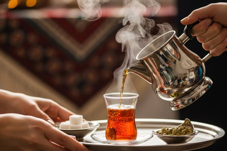 Tea poured from a silver samovar into a traditional glass with sugar cubes and spices creating an inviting Eid hospitality moment.の素材