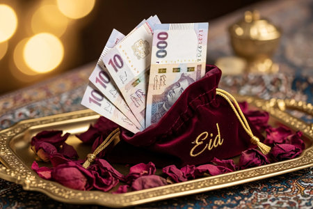 Crisp banknotes placed in a velvet pouch surrounded by petals and Persian textile for a refined Eid gift concept.の素材