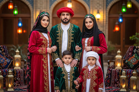 Persian family standing together in traditional clothing within a warmly decorated courtyard capturing a joyful Eid moment.の素材