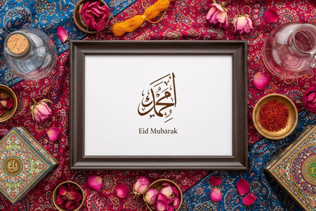 Framed Eid calligraphy surrounded by rose petals saffron and patterned fabric arranged in a neat flat lay for festive decoration.の素材