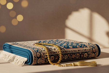 Folded prayer rug and polished prayer beads arranged with soft light and subtle arch shadows for a spiritual Eid theme.の素材