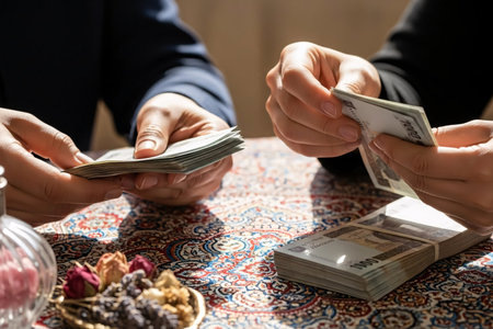 Hands counting new Eidi banknotes on a decorated surface with rosewater and flowers creating a cultural celebration moment.の素材