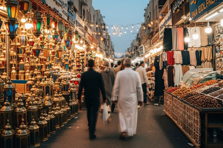 Busy market street filled with lantern vendors textiles and warm festive lighting creating a lively Eid atmosphere.の素材