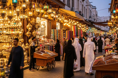 Busy market street filled with lantern vendors textiles and warm festive lighting creating a lively Eid atmosphere.の素材