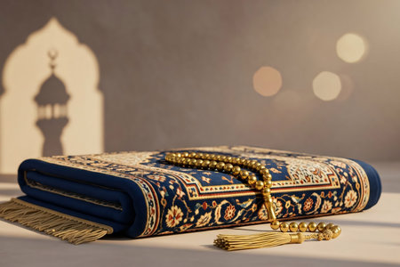 Folded prayer rug and polished prayer beads arranged with soft light and subtle arch shadows for a spiritual Eid theme.の素材