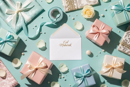 Pastel themed Eid gift boxes ribbons beads and an envelope neatly arranged for a soft decorative flat lay.の素材