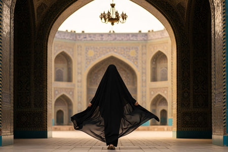 Woman in flowing chador walking beneath a Persian arch adorned with turquoise tiles under gentle daylight.の素材