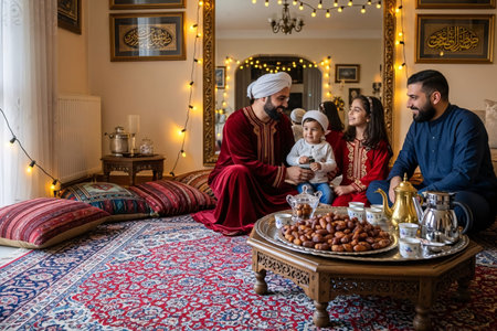 Family celebrating Eid in a decorated living room with dates tea and warm lighting creating a cozy festive moment.の素材