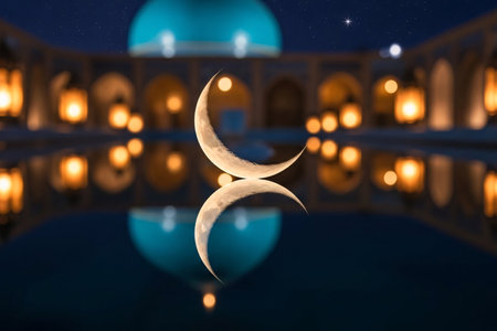 Crescent moon reflected on still water with lanterns and a turquoise dome softly blurred in the night atmosphere.の素材