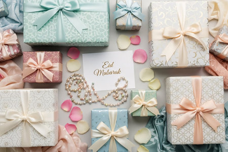 Pastel themed Eid gift boxes ribbons beads and an envelope neatly arranged for a soft decorative flat lay.の素材