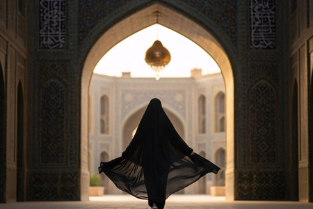 Woman in flowing chador walking beneath a Persian arch adorned with turquoise tiles under gentle daylight.の素材