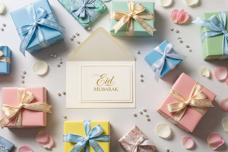 Pastel themed Eid gift boxes ribbons beads and an envelope neatly arranged for a soft decorative flat lay.の素材