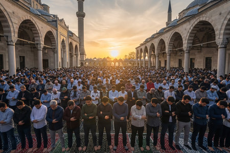 A crowd gathered in neat prayer lines outside an Ottoman mosque during Eid morning prayers, with soft sunrise light creating a serene atmosphere.の素材