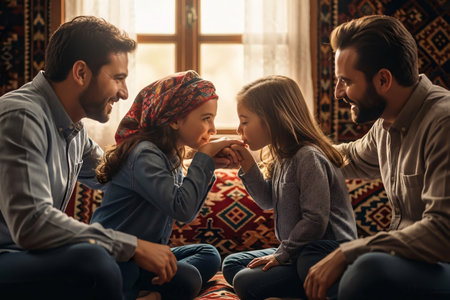 A Turkish family exchanging Eid greetings, with children kissing an elder's hand in a traditional home setting, surrounded by Ottoman-style decor.の素材