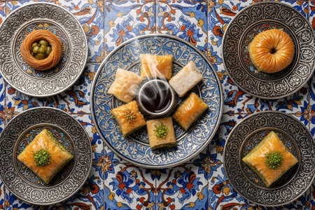 Traditional Turkish desserts including baklava, kÃ¼nefe, and gÃ¼llaÃ§, arranged on ornate ceramic plates with Ã§ini tiles as the backdrop, perfect for festive celebrations.の素材