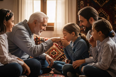 A Turkish family exchanging Eid greetings, with children kissing an elder's hand in a traditional home setting, surrounded by Ottoman-style decor.の素材