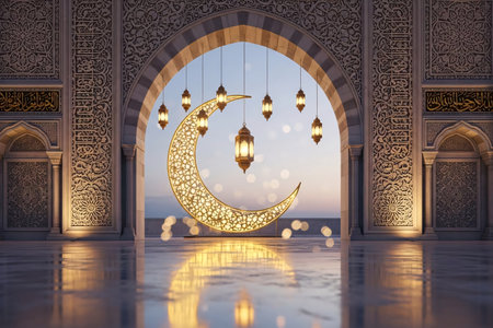 Beautifully carved Ottoman archway adorned with a golden crescent moon and hanging Turkish lanterns, glowing softly against the twilight sky.の素材