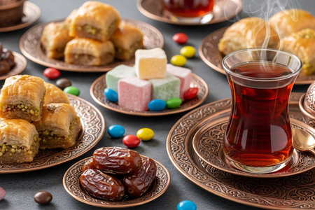 Festive Turkish table setting for Eid with baklava, Turkish delight, dates, and Turkish tea served on an ornate copper tray during iftar.の素材