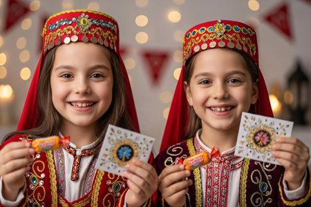 Two Turkish children dressed in traditional festive attire, smiling while holding colorful candy and gift envelopes, celebrating Eid with joy.の素材