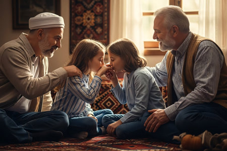 A Turkish family exchanging Eid greetings, with children kissing an elder's hand in a traditional home setting, surrounded by Ottoman-style decor.の素材