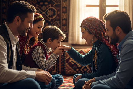 A Turkish family exchanging Eid greetings, with children kissing an elder's hand in a traditional home setting, surrounded by Ottoman-style decor.の素材