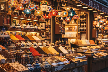 A vibrant Istanbul night market during Eid, decorated with glowing lanterns, colorful spice stalls, and Turkish sweets displays, creating a festive, market atmosphere.の素材