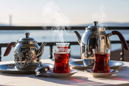 A traditional Turkish tea set arranged on a balcony overlooking the Bosphorus during an early morning Eid celebration, creating a warm and festive atmosphere.の素材