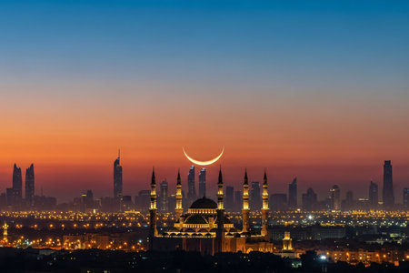 A dramatic photo of a glowing crescent moon rising over a Middle Eastern city skyline, with soft city lights and the silhouette of a mosque, setting the mood for Eid celebrations.の素材