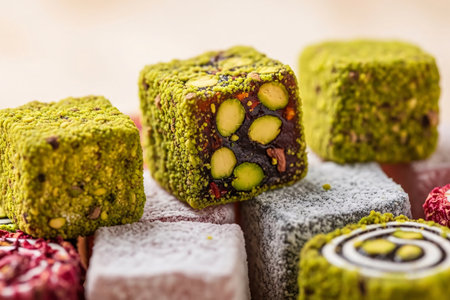 A macro shot of assorted Turkish delight coated in powdered sugar and pistachio, perfect for showcasing festive sweets and Eid desserts.の素材