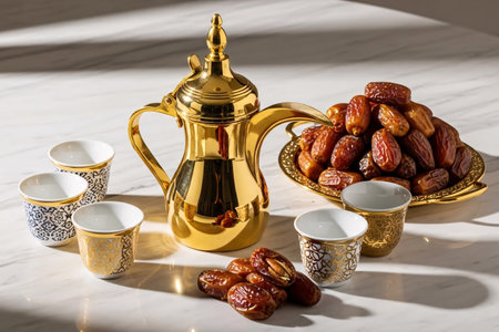 A traditional Arabic coffee set with dallah pot and small finjan cups, paired with premium dates on a tray, creating a luxurious and inviting atmosphere for Eid.の素材