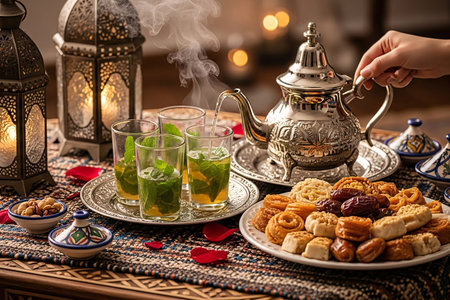 A cozy tea table setup featuring mint tea in clear glasses, a Moroccan teapot, and pastries, surrounded by lanterns, creating a warm and inviting atmosphere for Eid tea time.の素材