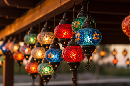 Colorful Turkish glass lanterns hanging outdoors, softly glowing in warm sunset light, creating a festive and inviting atmosphere for Eid celebrations.の素材
