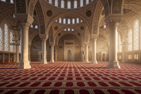 Interior of a large mosque before Eid prayer with rows of prayer rugs, arched architecture, and soft sunlight entering from the windows, creating a majestic spiritual atmosphere.の素材