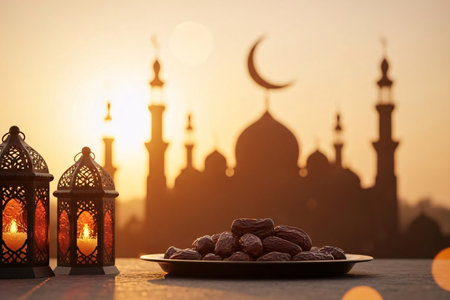Mosque silhouette with crescent moon architecture during golden hour capturing the spiritual Eid atmosphere with decorative lanterns and a tray of dates in the foreground.の素材