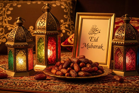 Eid AlFitr Middle Eastern still life featuring ornate brass Fanoos lanterns colored glass and a tray of premium dates beside elegant Eid Mubarak calligraphy perfect for Islamic celebration concepts.の素材