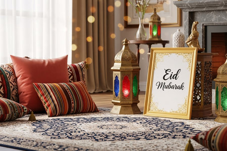 Eid interior home decor featuring a luxurious Middle Eastern living room with vibrant cushions Arabic carpets and brass Fanoos lanterns next to framed Eid Mubarak calligraphy.の素材