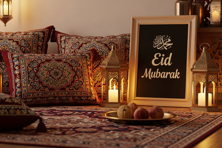 Eid home interior showcasing a cozy Middle Eastern living room decorated with vibrant cushions patterned carpet and ornate brass lanterns next to framed Eid Mubarak calligraphy.の素材