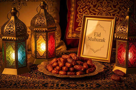Eid AlFitr Middle Eastern still life featuring ornate brass Fanoos lanterns colored glass and a tray of premium dates beside elegant Eid Mubarak calligraphy perfect for Islamic celebration concepts.の素材