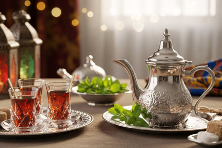 Arabic tea ceremony for Eid AlFitr featuring a decorative silver teapot clear tea glasses and a tray of mint leaves and sweets on a festive table setting.の素材